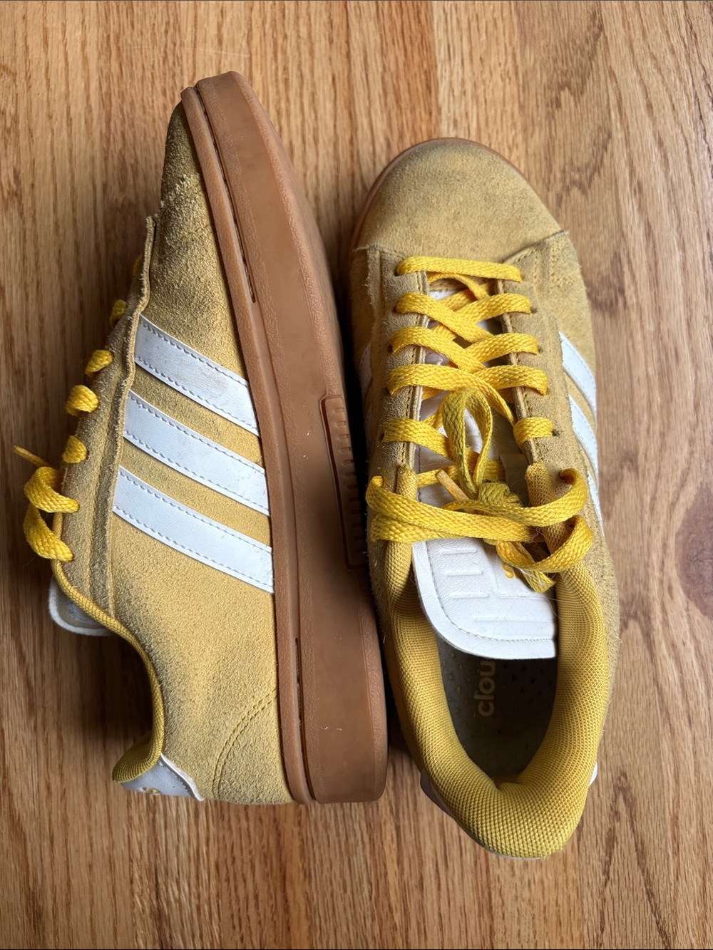 adidas size 7 Yellow Suede Sneakers with White Stripes and Gum Sole